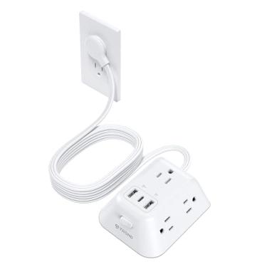 Imagem de TROND Cabo De Extensão De 15 Pés De Comprimento, Régua De Energia Ultrafina E Plana, 5 Tomadas Ca Amplamente Espaçadas E 3 Portas Usb, Protetor Contra Surtos 1440J, Suporte De Parede De 3 Lados Para