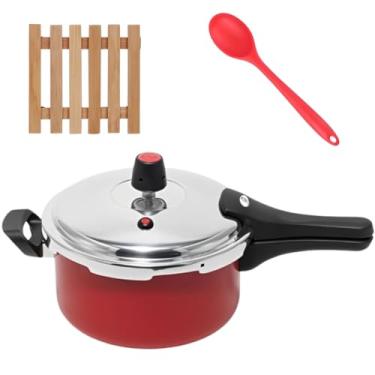 Imagem de Panela de Pressão 3 Litros Antiaderente Fechamento Externo + Descanso Quadrado + Colher de Silicone Vermelha