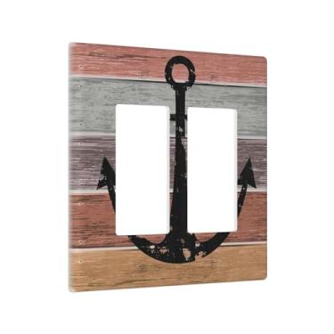 Imagem de Yamxbfa Capas decorativas para tomadas rústicas coloridas de madeira marrom âncora 2 placas de parede com dois interruptores placa de parede jumbo dupla GFCI para decoração de casa de fazenda