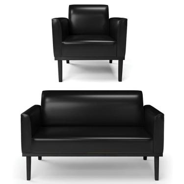 Imagem de Sofá Namoradeira E 1 Poltrona Base Madeira Preto Maressa Sintético Pu Preto - Ibiza