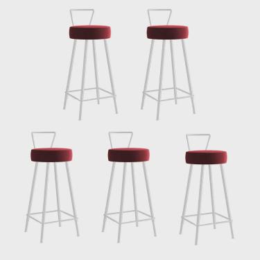 Imagem de Kit 05 Banqueta Alta Com Encosto Tais Eiffel Cozinha Bar Bistrô Ferro Branco Sintético Vermelho - Ahz Móveis