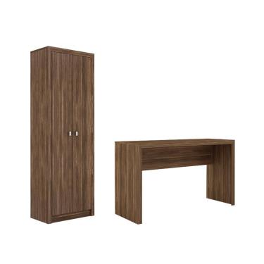 Imagem de Escritório com Mesa para Computador Simples Gavetas Com Armário 2 Portas Nogal - FdECOR