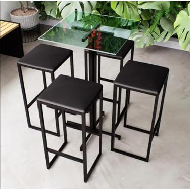 Imagem de Conjunto Mesa Alta Bar Bistrô Quadrada Vidro 4 Bancos Estofado Industrial Black (Preto)