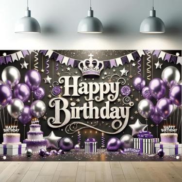 Imagem de Starlit Patio Banner de fundo preto roxo prata aniversário grande roxo feliz aniversário decoração fotografia fundo para meninas mulheres homens festa cabine fotográfica estúdio de fotos 180 x 109