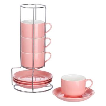 Imagem de CHILDIKE 8 Ounce Porcelain Cappuccino Cups with Saucers and Silver Stand, Pink Cups Set of 4