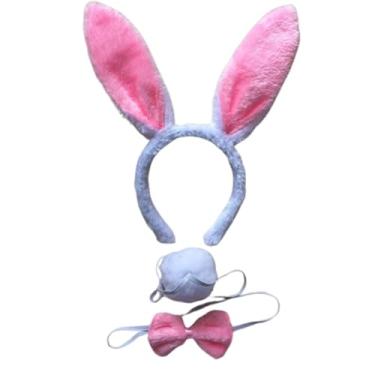 Imagem de Kit Fantasia Coelhinha Tiara/Gravata/Rabinho Coelho Branco com Rosa