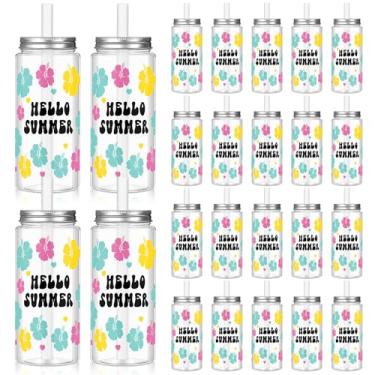 Imagem de Baderke 24 peças de copos de plástico havaiano com tampas e canudos, copo tropical luau transparente para beber folhas de palmeira flamingo, hibisco, abacaxi, suprimentos para festa de aniversário de