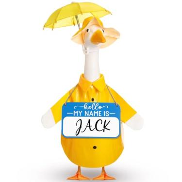 Imagem de Mindsoft Guarda-chuva com 3 peças de primavera para varanda de ganso com nome placa de madeira para gramado cimento 58 cm estátua de ganso roupas para primavera ao ar livre pátio quintal decoração de