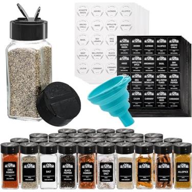 Imagem de Tebery Pacote com 30 frascos de vidro quadrados de temperos com tampas pretas, recipientes vazios de 118 ml, conjunto organizador completo, inclui tampas de coqueteleira, funil largo e etiquetas