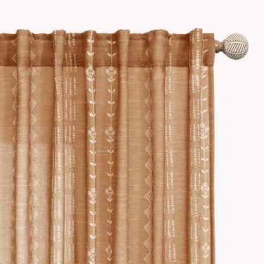 Imagem de Cortinas transparentes com padrão vintage moderno, 2 painéis, 2 painéis, boêmia, hippie, boêmia, estampa asteca, ocidental, terracota, estampa de terracota, cortinas de comprimento do teto ao chão