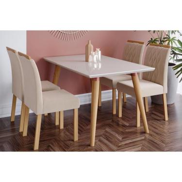 Imagem de Sala De Jantar Completa C/ Tampo Madeirado 130cm + 4 Cadeiras Juliana Madeira/suede Nude
