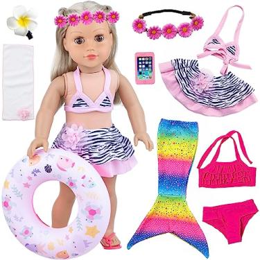 Imagem de UNICORN ELEMENT Conjunto De Roupas E Acessórios De Boneca De Menina De 18 Polegadas Com 11 Peças, Incluindo Trajes De Banho De Sereia Coloridos, Telefone Celular, Grampo De Cabelo, Círculo De Natação,