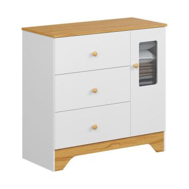 Imagem de Cômoda Infantil 1 Porta Com Janela Retangular E 3 Gavetas 100% Mdf Cocada Branco Brilho amêndoa