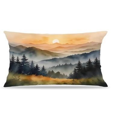 Imagem de FITIE Capas de almofada Boho Gallant Scenery 30 x 50, aquarela nascer do sol, pôr do sol, floresta nebulosa, prado, paisagem, natureza, paisagem, decoração para casa, quarto, sala de estar