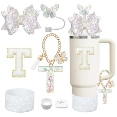 Imagem de Liangang Conjunto De 7 Acessórios Para Copos Brancos Stanley 30 Oz E 40 Oz, Incluindo Capa Protetora, Tampa Antiderramamento, Canudo Borboleta, Adesivo Com Letras, Pingentes Letras (Branco T)