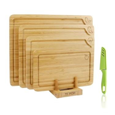 Imagem de Conjunto de 4 tábuas de corte de bambu, tábuas de cortar com ícones de alimentos para cozinha, tábua de charcutaria para carne, legumes, frutas, queijo