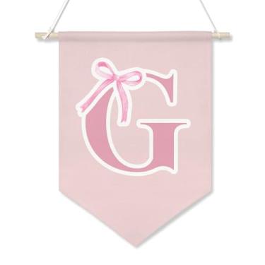 Imagem de Faixa de parede de lona com inicial ersonalized – Bandeira pendurada com laço rosa para meninas adolescentes, decoração de quarto estética Coquette, presentes fofos com monograma para quarto de