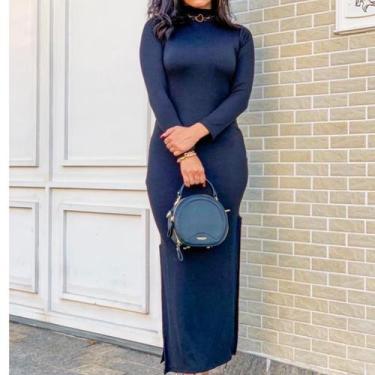 Imagem de Vestido feminino longo abertura gola alta manga longa malha canelada -