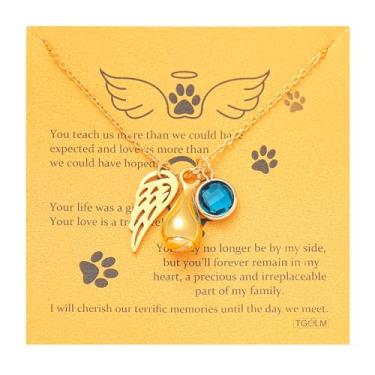 Imagem de TGOLM Colar de urna animal de estimação para presente de simpatia por perda de animais de estimação para cinzas, pingente de asa de anjo, pedra do mês de nascimento, joia de lembrança de cremação para