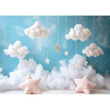 Imagem de Pano de fundo de nuvens de algodão de 1,8 x 1,2 m - decoração de travesseiro de estrelas brancas fundo azul para aniversário, chá de bebê e retrato de recém-nascido