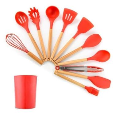 Imagem de Jogo Utensílios Cozinha Silicone Cabo Madeira Antiaderente Alta Temperatura Kit 12 Peça Com Suporte Colher Espátula Pegador Concha Fue Pincel Escumadeira Copo Anti Risco Talher (Vermelho)