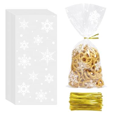 Imagem de Morepack Sacos de celofane floco de neve, sacos transparentes de Natal de 12 x 28 cm com laços torcidos para lembrancinhas de festa, 120 peças