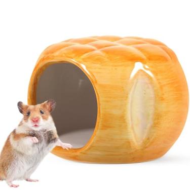 Imagem de POPETPOP Esconderijo de hamster de cerâmica em forma de hambúrguer casa de hamster anão cabana de chinchila pequena caverna para animais de estimação cama aconchegante para gerbos, ratos ouriço, mini