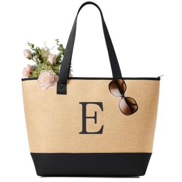 Imagem de KALIDI Sacola de tecido para mulheres, bolsa de praia com monograma leve com zíper e base de lona à prova de areia, presente personalizado, Bege, Medium