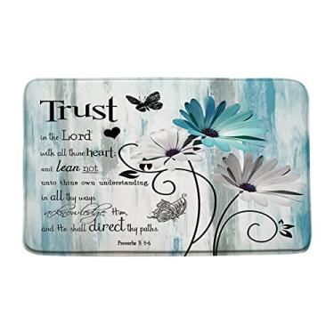 Imagem de Sunhe Citação inspiradora Trust in The Lord Tapete de banho rutsic azul-petróleo margarida flor borboleta pintura abstrata impressão de casa de fazenda microfibra espuma viscoelástica capacho macio