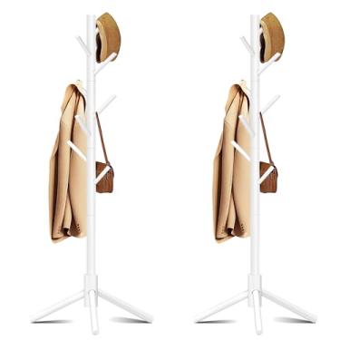 Imagem de Azaeahom Cabide de madeira, cabide de pé livre com 8 ganchos, 3 alturas ajustáveis para roupas, chapéus, bolsas, árvore de casaco fácil de montar para entrada, quarto, corredor, escritório (2 peças)