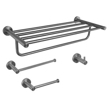 Imagem de Prateleira de parede cinza para banheiro, acessórios para banheiro, suporte para papel toalha, barra de suporte, haste de trilho, gancho para roupão, acessórios para banheiro (conjunto de 4 peças