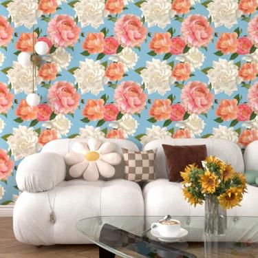Imagem de Mangoloo Papel de parede floral grande vintage para descascar e colar papel de parede floral rosa 44,5 x 259,1 cm Papel de contato azul autoadesivo removível mural de parede peônia para quarto