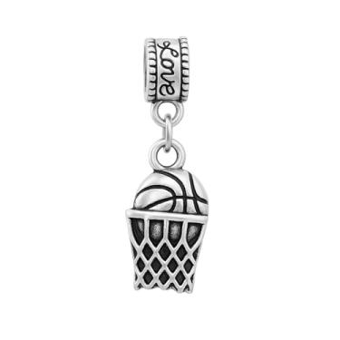 Imagem de Berloque de basquete – Pingente banhado a prata para pulseiras e colares – Compatível com Pandora, Troll, Chamilia e pulseiras europeias – Joias e acessórios de basquete – Presente para jogadores e