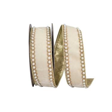 Imagem de Reliant Ribbon Fita de veludo de pelúcia pérola luxo esplendor metálico com borda com fio, creme