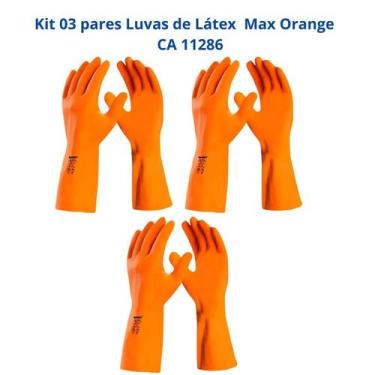 Imagem de Kit 3 Luvas Látex Laranja Limpeza Reforçada Forrada Max Orange DA208 D