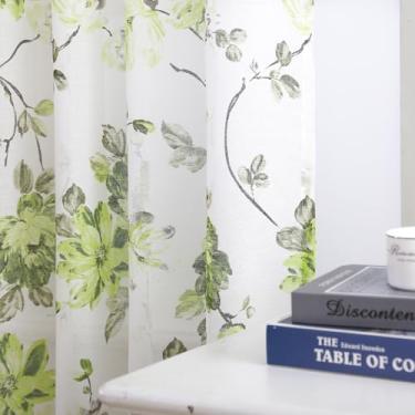 Imagem de Cortinas florais verdes de 153 cm de comprimento com 2 painéis, cortinas de flores transparentes para quarto, sala de estar, filtro de luz, tecido texturizado moderno, primavera, verão, janela