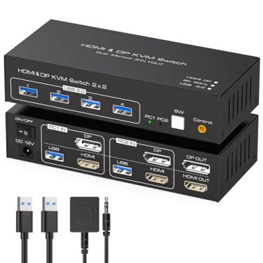Imagem de Interruptor KVM 8K60Hz 2 monitores 2 computadores 4K120Hz HDMI Displayport KVM Switches Dual Monitor para 2 PC Compartilhar Mouse Teclado e 2 Monitores Suporta Modo Estendido/Cópia com Controle