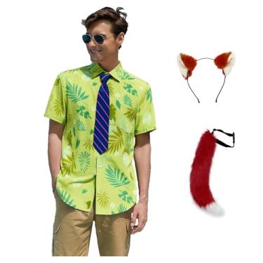 Imagem de Camiseta masculina Nick Wilde com estampa havaiana e cauda de orelha de pelúcia para festa de Halloween, raposa, Verde, XXG
