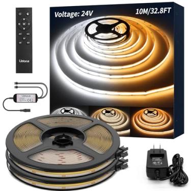 Imagem de Ustarus Fita de luz LED COB branca regulável 32,8FT 24V 2700K-6500K, fita de luzes COB com controle remoto RF 6400 LEDs CRI93+ para cozinha embaixo do armário quarto espelho interior casa luz do dia