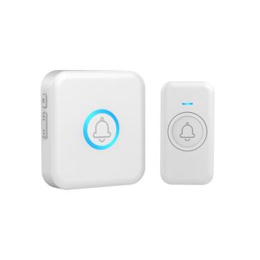 Imagem de FOVKSUC Campainha sem fio à prova d'água com 60 sinos, 5 níveis de volume e modo mudo, campainha de porta alta sem fio para sala de aula e escritório (1 receptor e 1 botão, branco, plugue dos EUA)