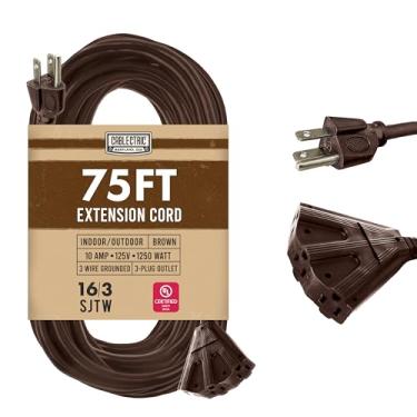 Imagem de Cablectric Cabo de extensão marrom de 23 m com 3 tomadas elétricas – Cabo SJTW resistente 16/3 com plugue de 3 pinos para segurança, 10 Amp para eletrodomésticos