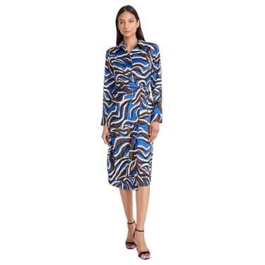 Imagem de Donna Morgan Vestidos de trabalho profissionais de manga comprida com gola drapeada comprimento midi para escritório, Azul soldado/marrom casca, 44