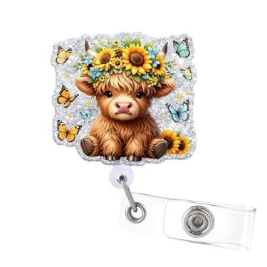 Imagem de Carretel de crachá de vaca fofo com clipe de jacaré giratório para identidade, carretel de crachá com glitter, clipe retrátil para RN LPN CNA enfermeira assistente médica equipe médica