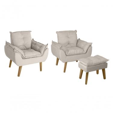 Imagem de Kit 02 Poltrona Cadeira e Puff Glamour Com Pés Quadrado bege