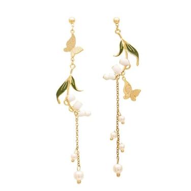 Imagem de Brincos de pingente de borla longa de flor rosa Sakura flor folha pérola pétala brincos de declaração assimétrico boho declaração Sakura brincos florais para mulheres presentes de formatura de noiva, Zinco, desconhecido