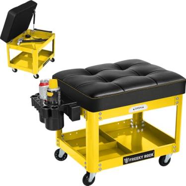 Imagem de Banco de mecânico de rolamento com rodas, banco de mecânico de garagem com bandeja de ferramentas de reparo de 2 camadas, acolchoado giratório de 360°, cadeira de loja, resistente, capacidade de 150