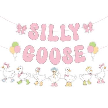 Imagem de AmazingSpark Faixa de aniversário One Silly Goose com laço, guirlanda de ganso bobo, decoração de festa para animais de fazenda, chá de bebê, suprimentos para festa de aniversário, tema de animal
