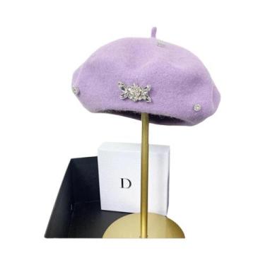 Imagem de Boina Feminina de Lã com Strass - Moda Coreana para Inverno, Roxo clar