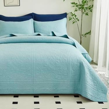 Imagem de WINLIFE Conjunto de colcha 100% algodão, casal/queen, 228 x 242 cm, azul, supermacio, leve, com bordado de matelasse, cobertores florais para todas as estações, 3 peças (1 colcha, 2 fronhas)