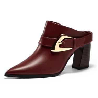 Imagem de Coutgo Botas femininas de salto grosso, bico fino, sem cadarço, com decoração de fivela, Vinho tinto, 41